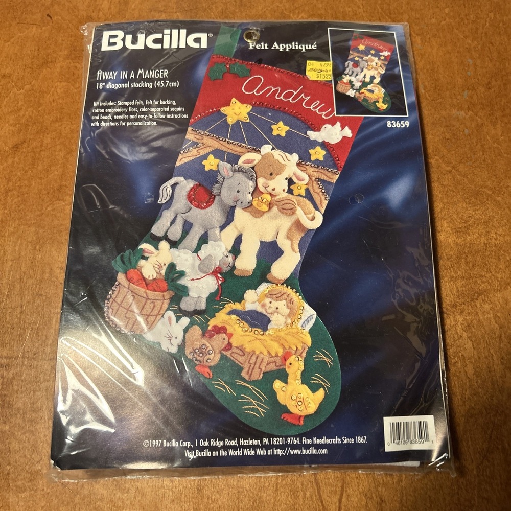 Bucilla Felt Applique Stocking Kit 83659 Away In A Manger 18" NEW
